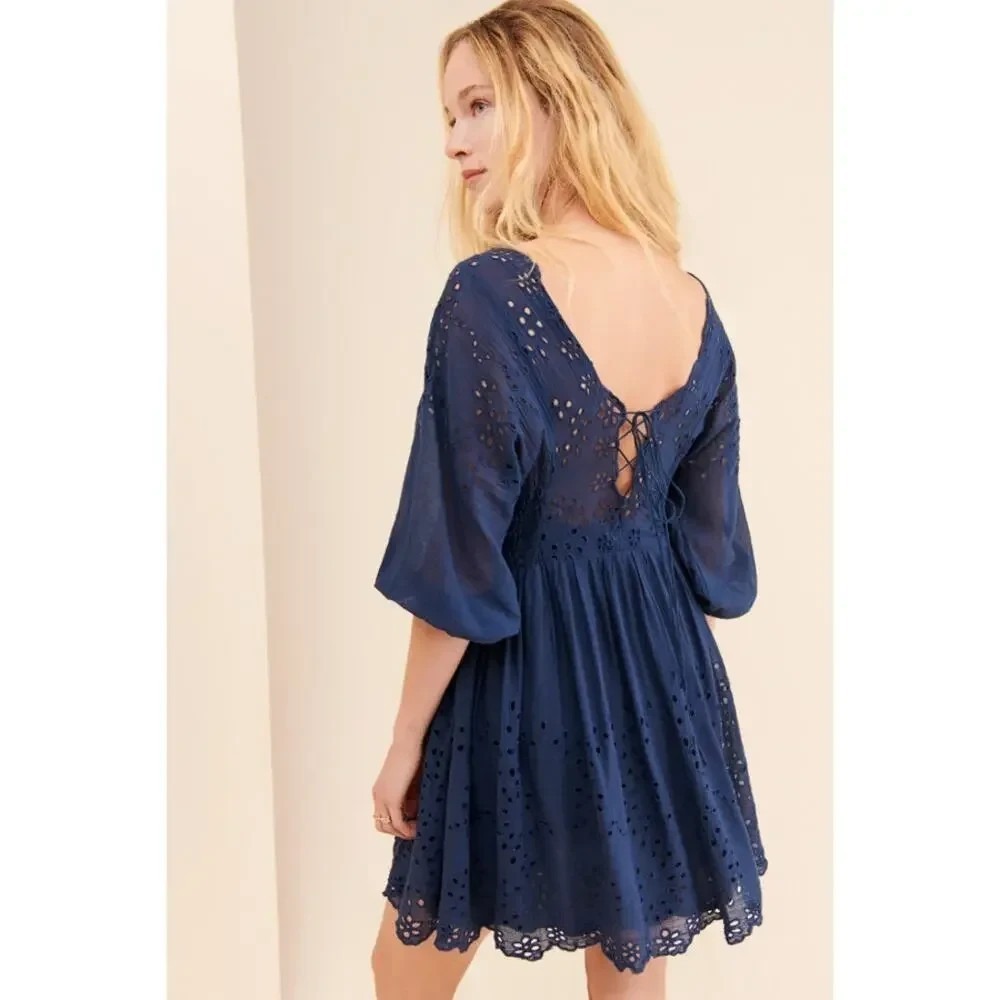 Free People FP One Lotti Navy Blue Eyelet Mini Dress Smocked Lace Up